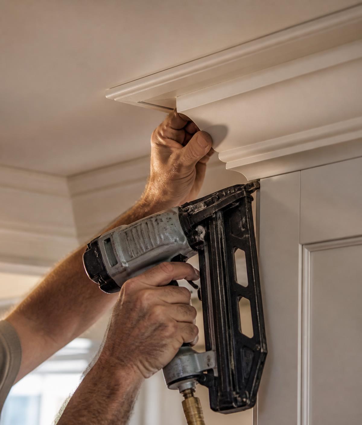 Carpenter installing crown molding with precision during a Massachusetts remodeling project