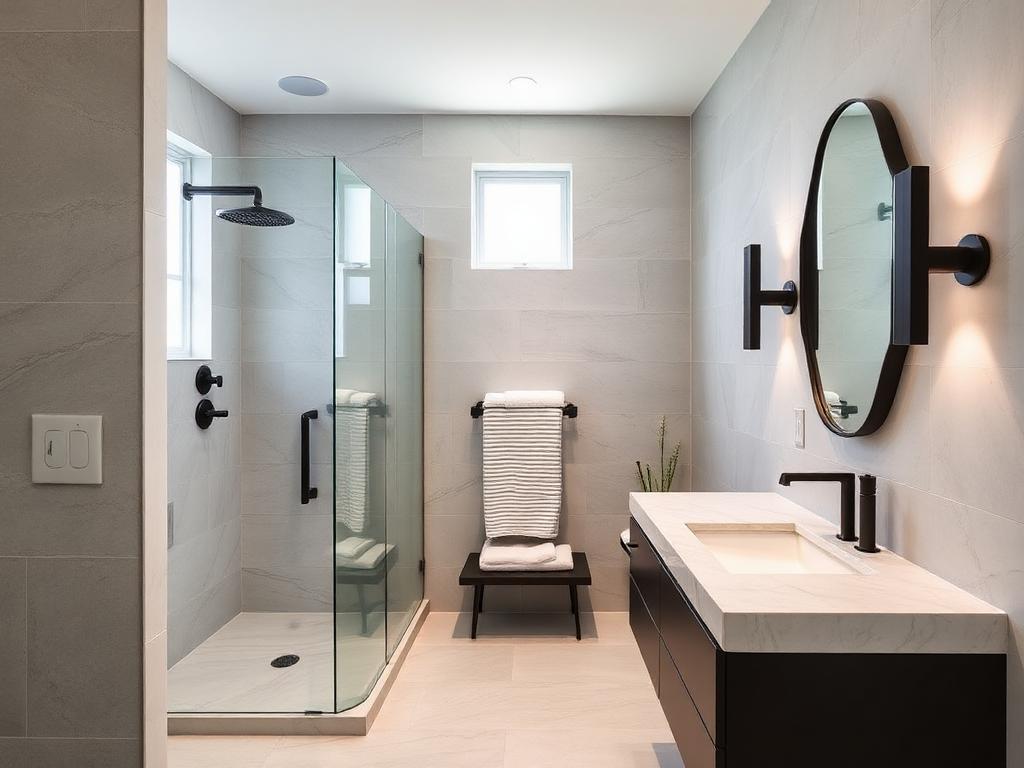 Remodeled bathroom with walk-in glass shower and floating vanity